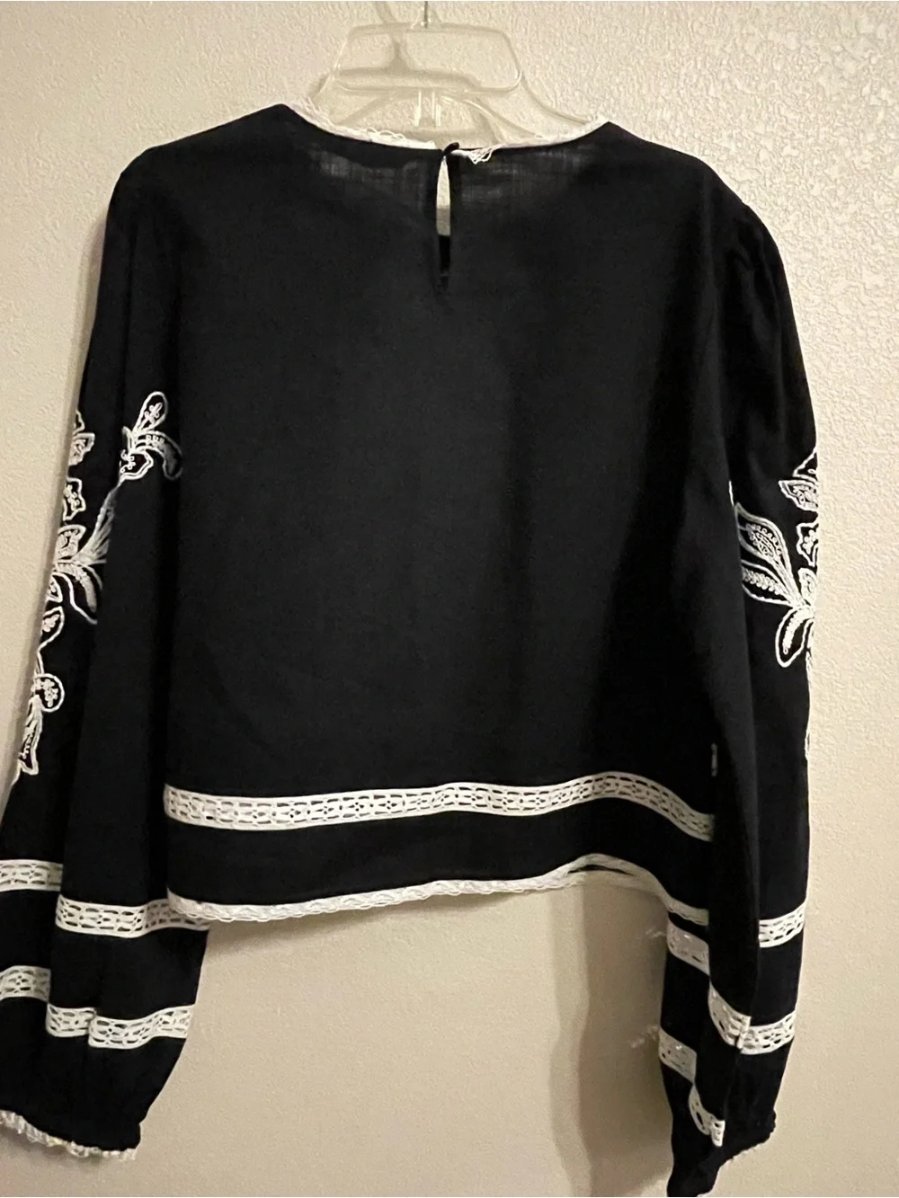 ZARA Black Blouse with White Embroidered Floral Trim